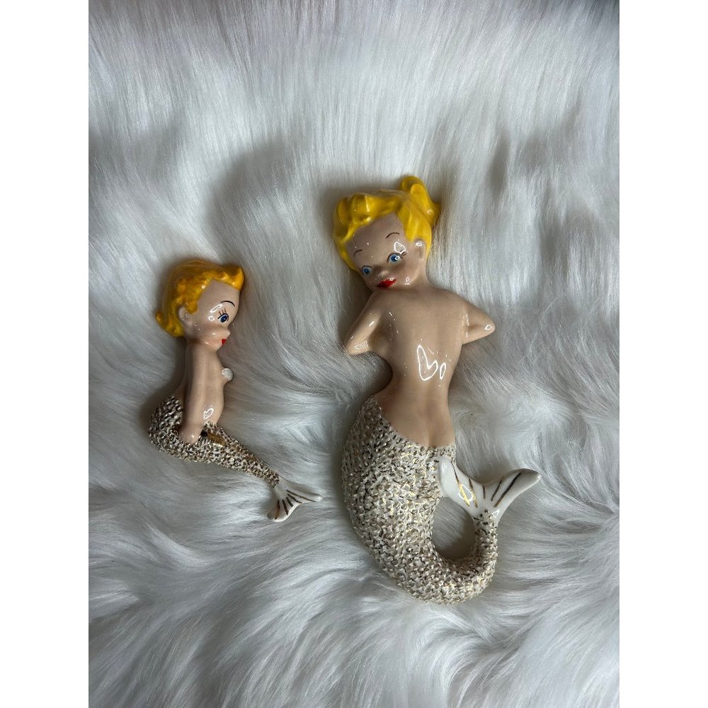 Vintage ceramic wall mermaids mama and baby MCM mod century modern -BABY CHIPPED